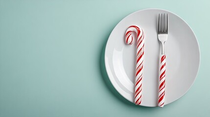 Elegant Christmas table setting with candy cane and cutlery for a festive dinner celebration viewed from above