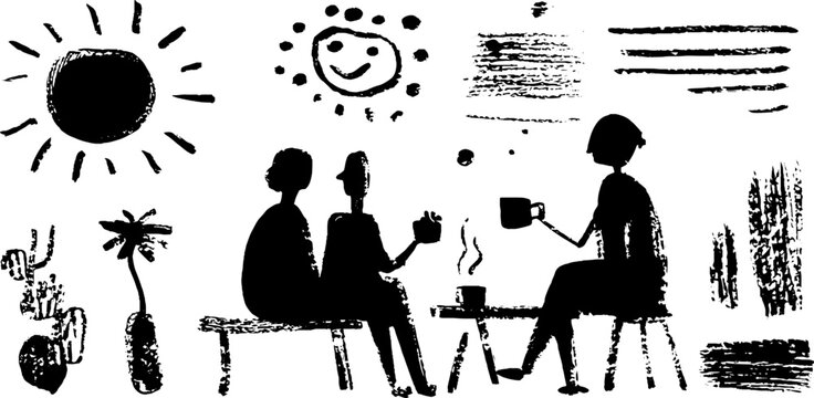 Minimalist abstract doodles set featuring black and white scenes with people and nature elements