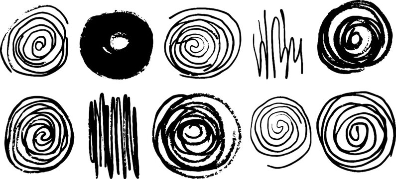 Minimalist black and white spiral doodles set for creative design elements