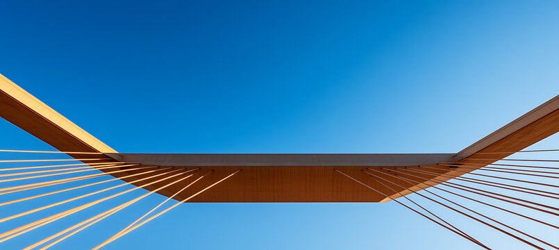Architectural cables support a bridge segment against a clear blue sky. The bridge design is modern and abstract, showcasing symmetry and precision. A serene cityscape element.