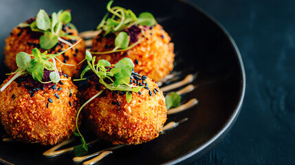 Fried Croquettes Garnished with Sauce, Sesame Seeds, and Microgreens