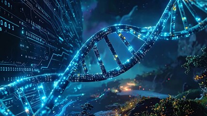 Glowing digital DNA helix with circuit board components over a dreamlike landscape - Powered by Adobe