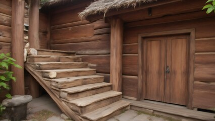 Rustic log cabin: Wooden staircase leads to doorway in rural setting.
