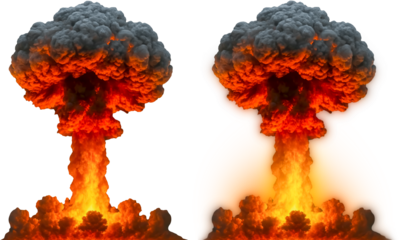 Two massive nuclear explosions captured in vivid detail, each forming iconic mushroom clouds rising into the sky. The fiery blasts are set against a transparent background, generative ai