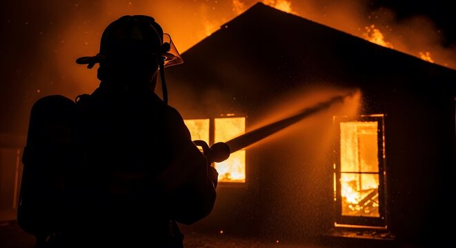Close up of a heroic silhouette of a firefighter amidst the flames of firefighting efforts on a house structure