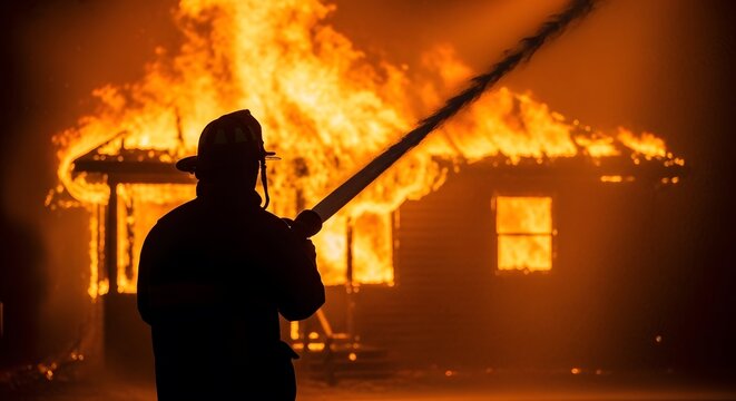 Close up of a heroic silhouette of a firefighter amidst the flames of firefighting efforts on a house structure