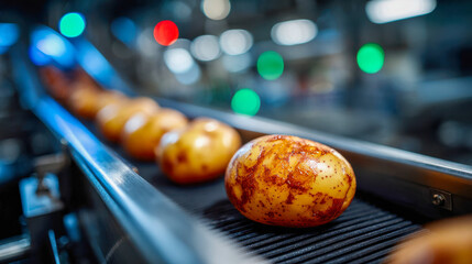 Potatoes moving along an industrial conveyor belt, symbolizing agriculture, food production, and automated processing