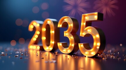 Glowing marquee numbers 2035 celebrate the New Year amidst a festive background of bokeh lights and fireworks.