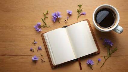 Open notebook with coffee cup and delicate purple flowers on wooden background