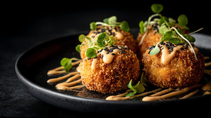 Fried Croquettes Garnished with Sauce, Sesame Seeds, and Microgreens