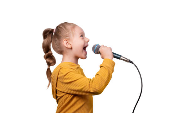 Joyful young girl in a yellow sweater singing into a microphone on transparent background. Isolated, energetic, and expressive concept for music, performance, or talent themes.