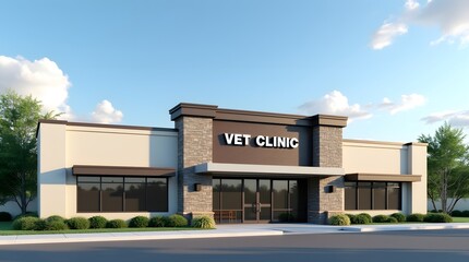 Naklejka premium Modern veterinary clinic exterior with stone accents and large windows under a clear blue sky.