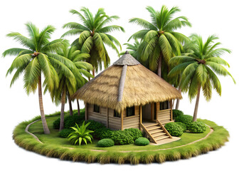 A 3D small hut with a thatched coconut roof, surrounded by lush green moss and miniature palm trees a white background and Transparent Background