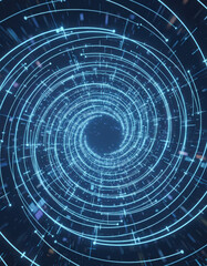 Fototapeta premium A swirling vortex of blue and white lines and dots, creating a sense of depth and motion against a dark background.