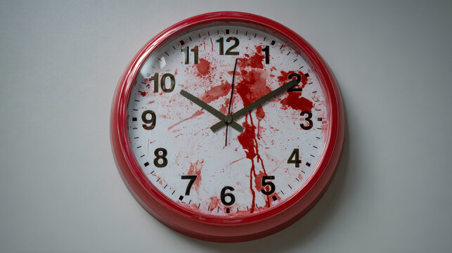Blood-splattered wall clock with a disturbing design