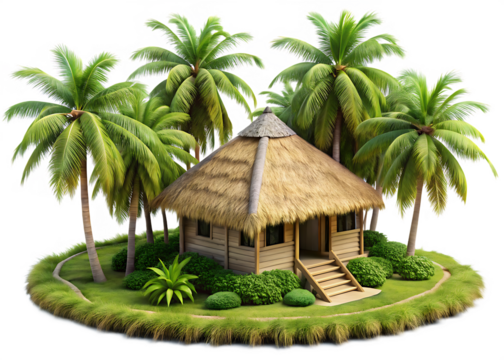 A 3D small hut with a thatched coconut roof, surrounded by lush green moss and miniature palm trees a white background and Transparent Background