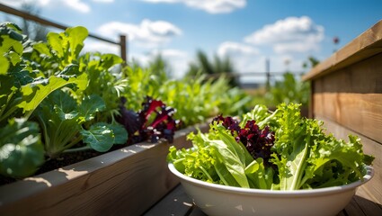 Freshly harvested lettuce and greens in a raised garden bed