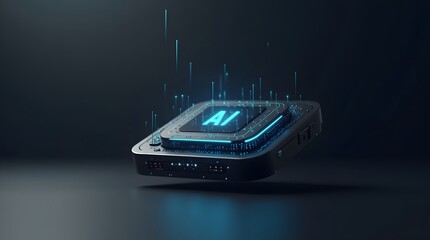 A futuristic AI microchip, emitting glowing blue data streams in a dark, high-tech environment.
