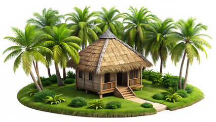 A 3D small hut with a thatched coconut roof, surrounded by lush green moss and miniature palm trees a white background and Transparent Background