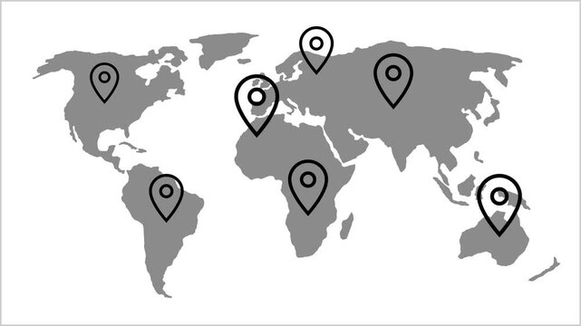 World map with location pins on continents animation