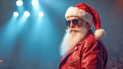 Cool Santa Claus rapper on stage with a microphone sings