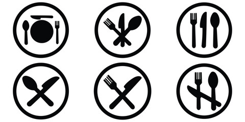 Cutlery and Tableware Icon Set – Fork, Knife, Spoon, and Plate Vector Symbols for Menu and Restaurant Design