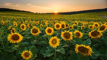 Vast field of sunflowers at sunset with rolling hills in the background
