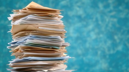 A towering stack of disorganized documents illustrating the complexities of effective business document management
