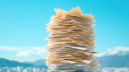A towering stack of yellowed documents symbolizes the complexity of information in an urban setting captured from above