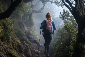 Hiker exploring a misty mountain trail surrounded by lush foliage in early morning light
