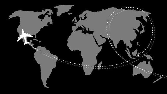 Animation of a plane flying over a world map with a dashed flight path