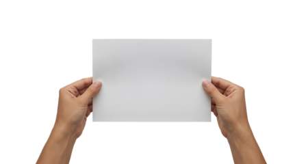 Hands holding blank white sheet of paper isolated on a transparent background
