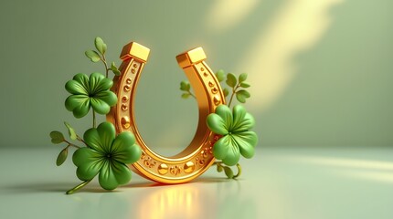 A golden horseshoe adorned with green clovers, symbolizing luck and prosperity, set against a soft green backdrop.