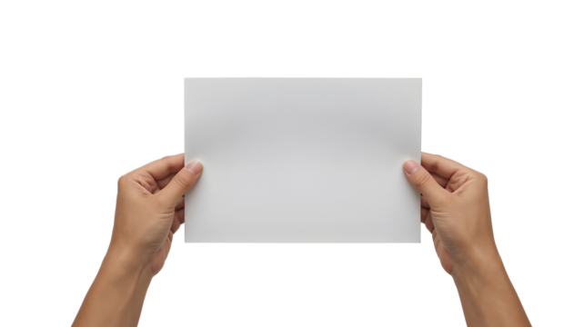 Hands holding blank white sheet of paper isolated on a transparent background