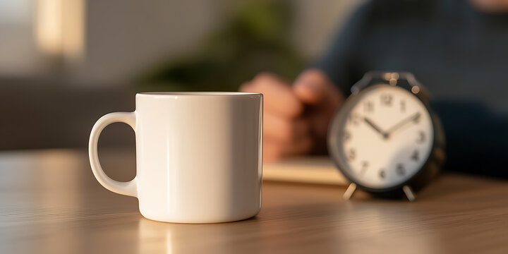 Morning reflection with a cup of coffee and a clock marking the time. The background shows someone writing, capturing the essence of daily routine and productive moments.
