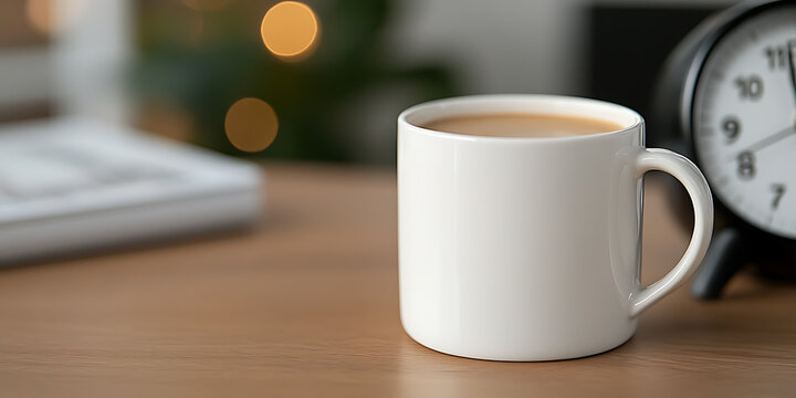 A serene, warm beverage awaits on a wooden desk, an analog clock marking time's steady pace, while soft bokeh lights add a gentle, calming ambiance. Morning routine. - Powered by Adobe
