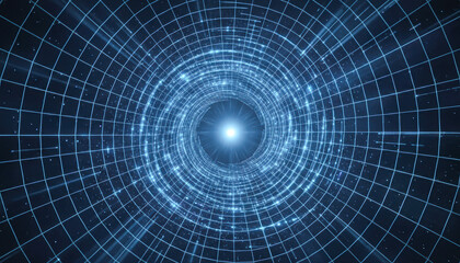 Fototapeta premium A futuristic visualization of a glowing vortex with a grid pattern, suggesting concepts of time, space, and digital technology.