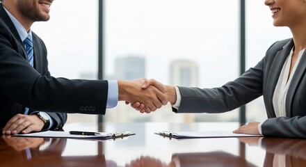 Business Partners Shaking Hands to Close a Deal in a Conference Room. two business partners shaking hands firmly over a polished conference table. conveying a successful agreement and partnership