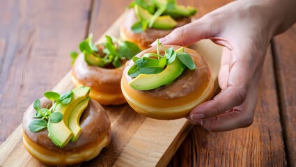 Hand holding a savory donut topped with salmon and avocado