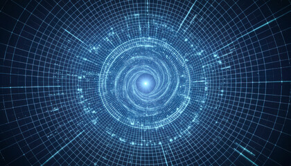 Fototapeta premium A swirling, abstract digital vortex made of intersecting grid lines and glowing blue light, creating a sense of depth and motion.