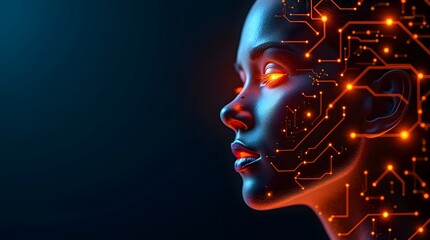 Obraz premium A close-up of a female figure with orange glowing circuitry, blending technology with human features in a futuristic setting.