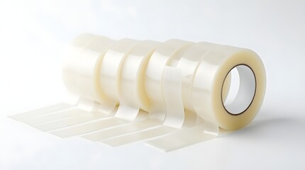 A stack of clear adhesive tape rolls with several strips unwound, showcasing the transparent and smooth texture.
