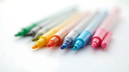 A vibrant arrangement of colorful markers lined up against a clean white background.