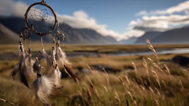 A hanging dreamcatcher with feathers, mountains, field, and blue sky with clouds in the background