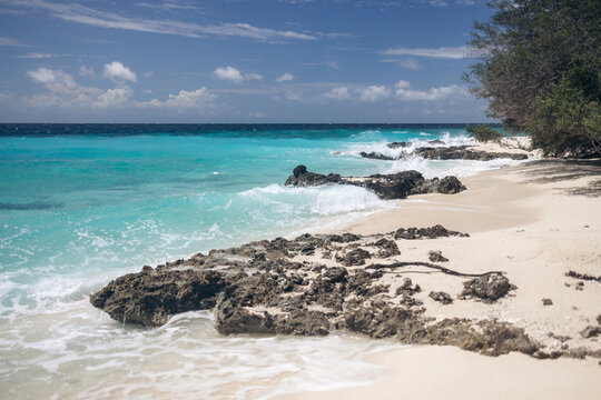 Pristine beach with turquoise water, rocky shoreline, and lush greenery under a blue sky. Pulau Nailaka or Nailaka Island, Banda, Central Maluku, Indonesia