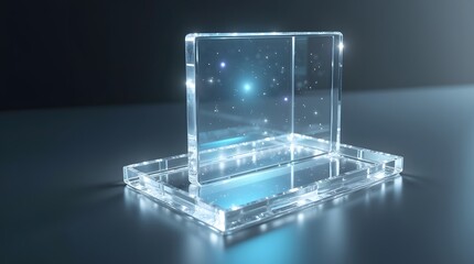 A futuristic holographic display on a sleek surface, glowing with cosmic elements and sparkling lights.