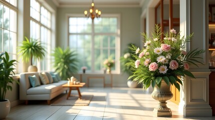 A serene living room adorned with a vibrant flower arrangement, highlighting elegance and natural light.