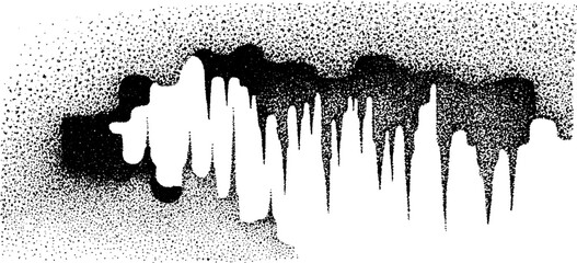 Monochrome frozen cave interior with stalactites and stalagmites