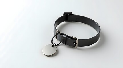 A sleek black pet collar with a shiny metal tag, perfect for style and identification.