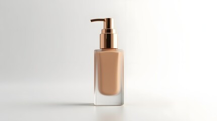 Elegant glass bottle of foundation with a gold pump on a soft white background, showcasing beauty and luxury.